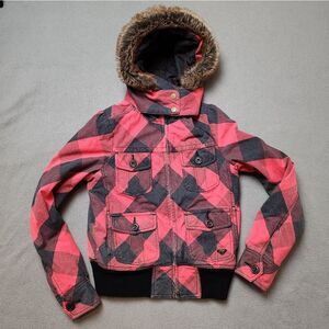 Roxy Plaid Small Bomber Jacket with faux fur Y2K